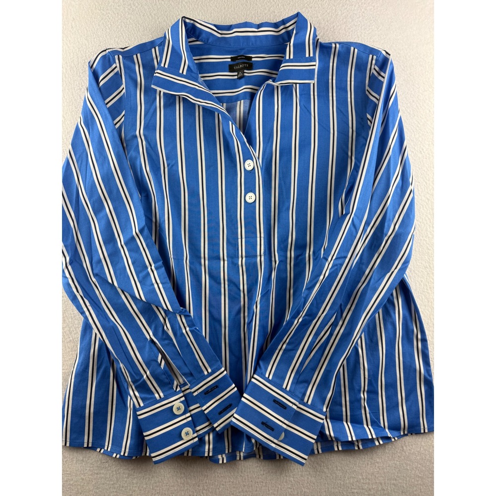 Talbots Womens Blue White Striped Non-Iron Cotton Stretch Poplin Blouse M